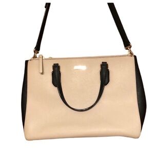 Kate Spade Cream and Black Large Leather Satchel Handbag with Crossbody Strap.